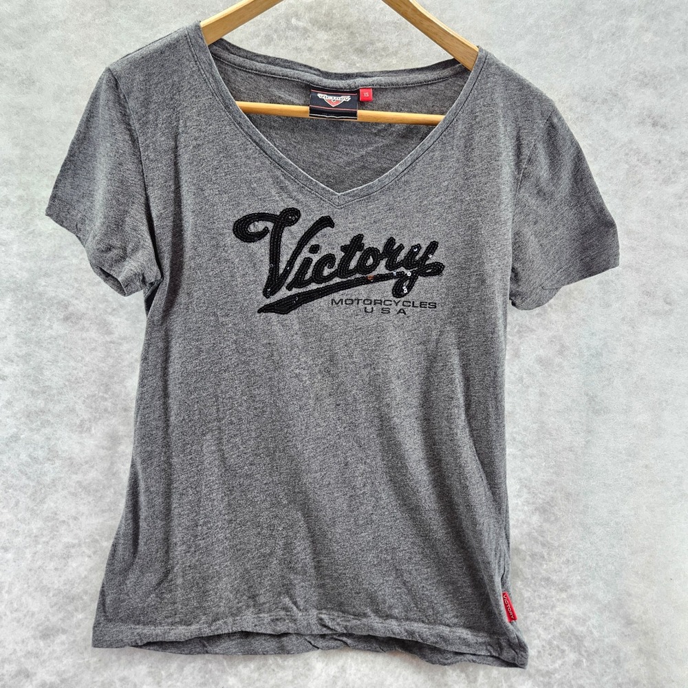 Victory Motorcycles USA Grey Black Sequin‎ Graphic V-Neck TShirt Womens XSmall